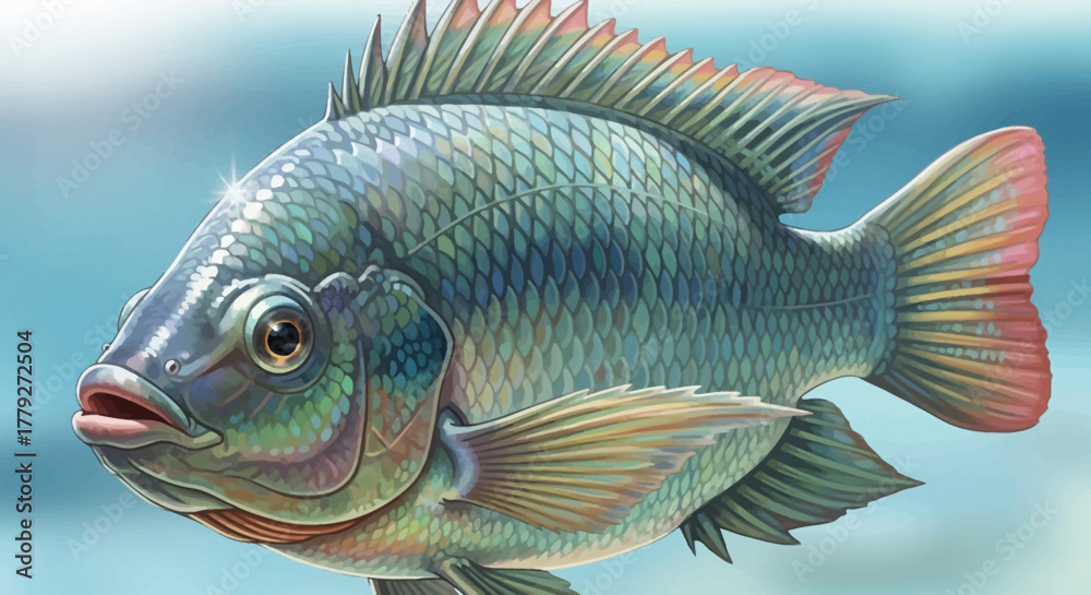Fototapeta premium Colorful Tilapia Fish with Detailed Scales and Fins in Aquatic Environment.