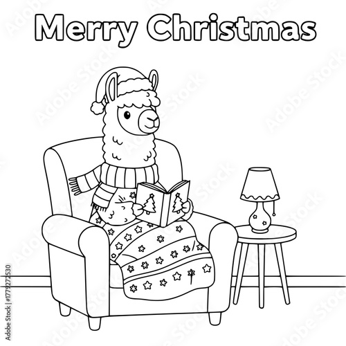 Llama reading in cozy armchair with “Merry Christmas,” coloring book page for toddlers Generative AI
