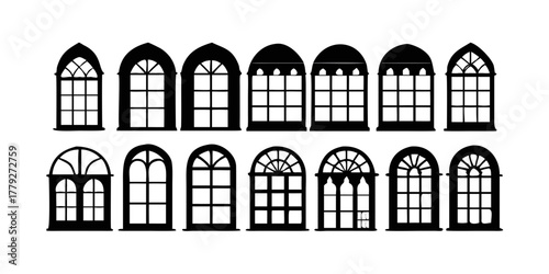 Collection of ten black silhouette architectural arched windows with various pane designs vector illustration.