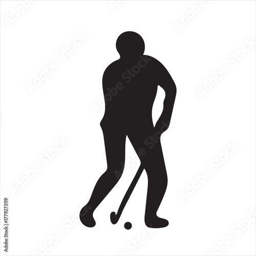 Field hockey player silhouette icon, athletic sport game equipment isolated on white background