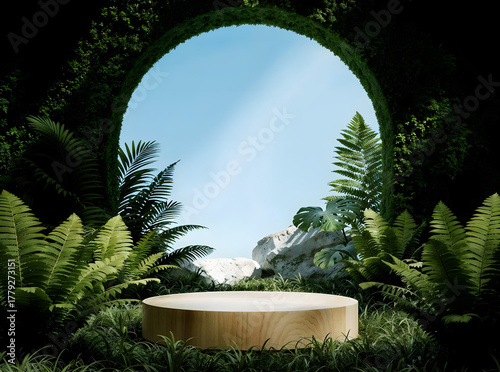 Lush green jungle and tropical forest display with a natural 3D product display podium, Cosmetic field scene
