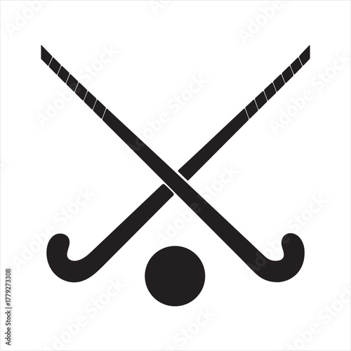 Field hockey sticks crossed with a ball, a minimalist sport icon isolated on white background
