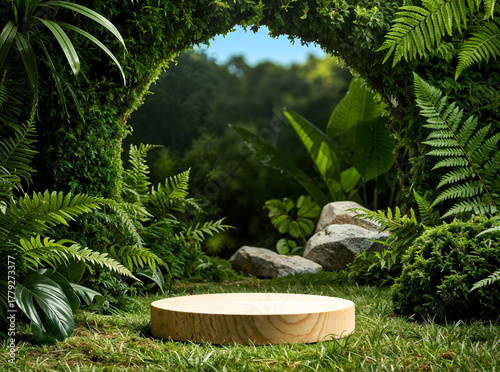 Lush green jungle and tropical forest display with a natural 3D product display podium, Cosmetic field scene
