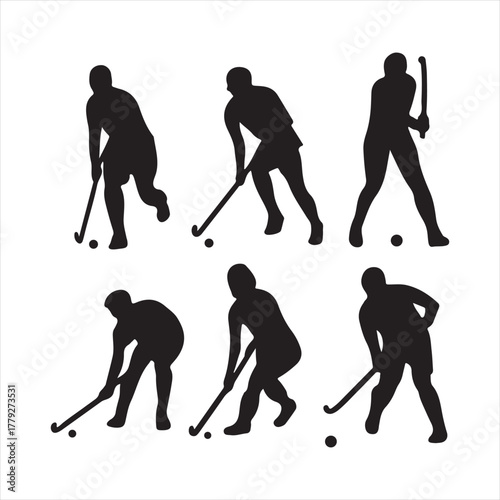 Field hockey player silhouettes set. sport game athlete stick action. isolated on white background