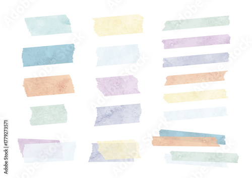 冬色の水彩のシンプルなマスキングテープイラストセット（青・紫・緑・赤・黄色）