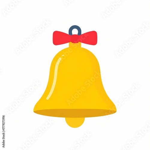 Golden Christmas Bell with Red Bow and Blue Ribbon.