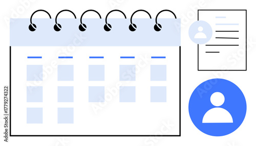 Spiral calendar with highlighted days, user profile icon, and document element for task management. Ideal for organization, productivity, planning, scheduling, appointments, events business