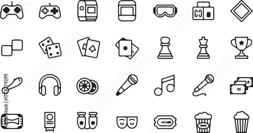 Collection of black and white entertainment and gaming icons