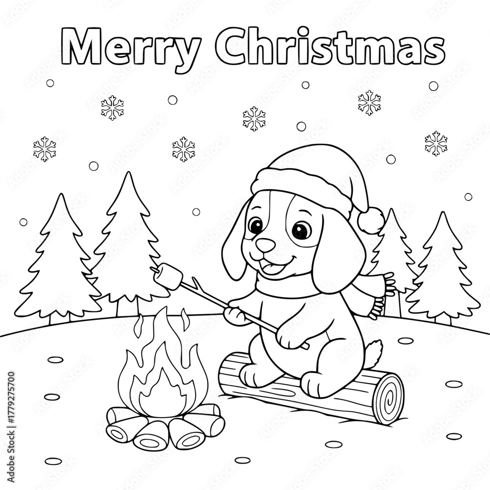 Fototapeta premium Beagle puppy roasting marshmallow by campfire with “Merry Christmas,” coloring book page for toddlers Generative AI