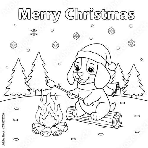 Beagle puppy roasting marshmallow by campfire with “Merry Christmas,” coloring book page for toddlers Generative AI