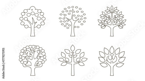 Tree Icons: A collection of meticulously crafted tree icons in elegant monochrome, depicting various tree types for design and conceptual use.