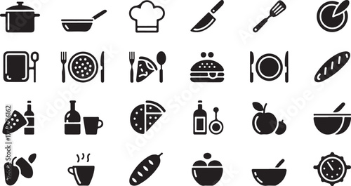 Collection of black food and kitchen icons cooking