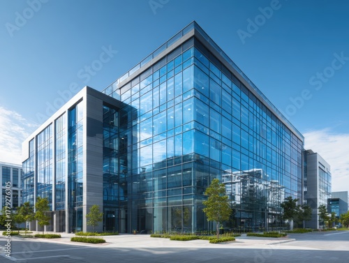 Fototapeta Naklejka Na Ścianę i Meble -  Modern commercial building with sapphire blue glass facade. Business architecture concept contemporary office design corporate facility environment for professional workplace space urban property.