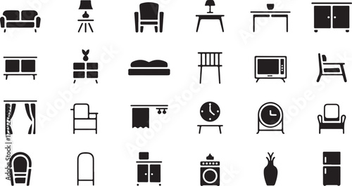 Collection of black furniture and home object icons