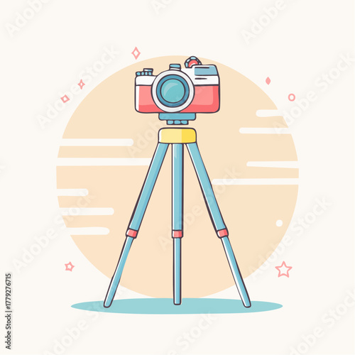 Retro Style Camera on Tripod with Pastel Background and Sparkle Accents