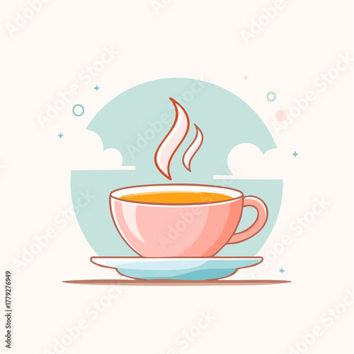 A pastel pink cup of hot steaming beverage rests on a light blue saucer with a soft cloud like background and subtle decorative elements