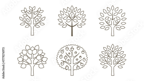 Tree Lineup: A series of stylized tree icons, each one unique in its design, representing the diversity of nature's beauty and symbolic of growth, life, and the environment.