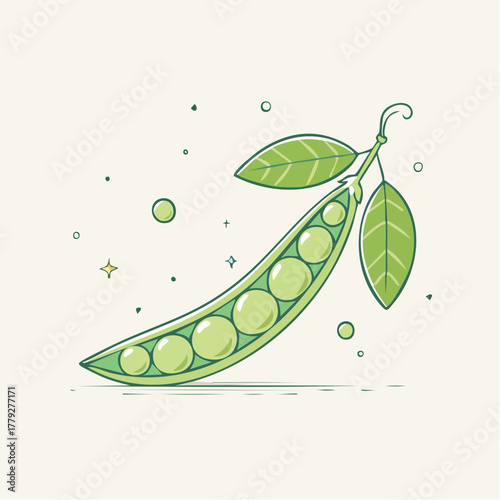 Delicate Pixel Art Illustration of a Fresh Green Pea Pod with Six Round Peas and Two Leaves on a Light Beige Background with Scattered Sparkles