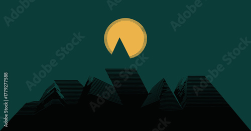 A contemporary mountain landscape design featuring sharp peaks and a rising sun, crafted with lines and geometric shapes, symbolizing adventure and the beauty of nature.