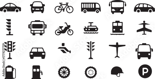 Collection of black transportation and traffic icons