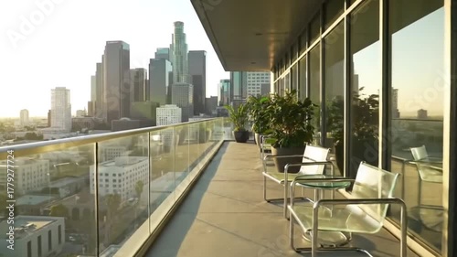 Stunning city views from modern apartment balcony at sunset