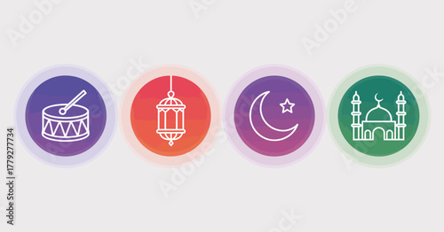 A collection of cultural symbols associated with Ramadan, including a drum, lantern, crescent moon, and mosque, highlighting the richness of traditions and the spirit of celebration.