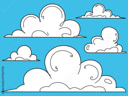These whimsical hand-drawn clouds against a bright blue background bring a cheerful vibe, perfect for illustrations or designs that convey a sense of fun and brightness.