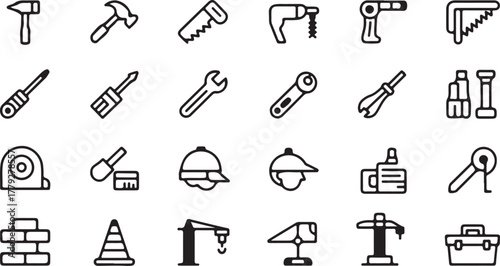 Construction tools and safety equipment icons hammer