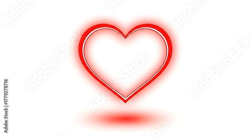 Radiant Red Heart Outline with Soft Glow and Shadow on Clean White Background
