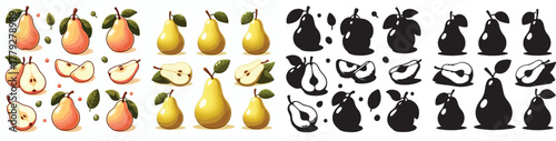 Set of vector and shilhouttes images of pears on a white background