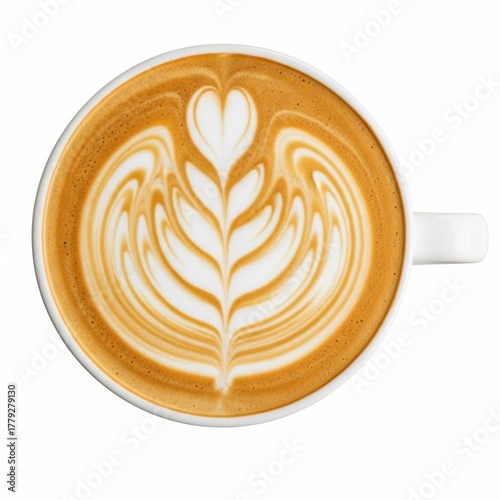 Overhead view of a latte with intricate latte art isolated on white background