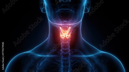 Treatment Options for Hypothyroidism. Anatomical illustration highlighting the human neck and throat area with glowing effects.