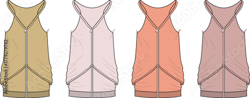 Technical fashion illustration set of a women's sleeveless draped tunic with a front zipper, shown in multiple color palettes for apparel design