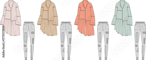 Fashionable two-piece clothing sets for women, featuring elegant tops and stylish pants in four different color options