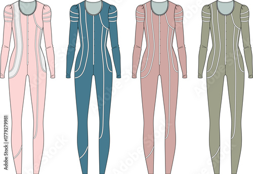 Vector fashion illustration of women's full-body jumpsuits, a stylish concept for sportswear or costume design in multiple colors