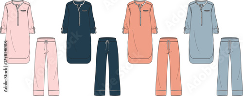 Fashion flat drawings of women's sleepwear sets with long sleeves and elastic waist pants