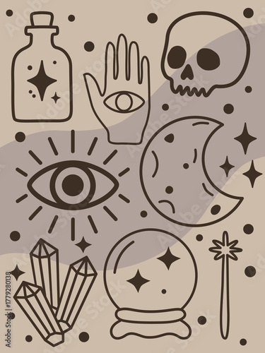 Collection of mystical hand drawn symbols skull all seeing eye crescent moon crystals magic wand and potion bottle