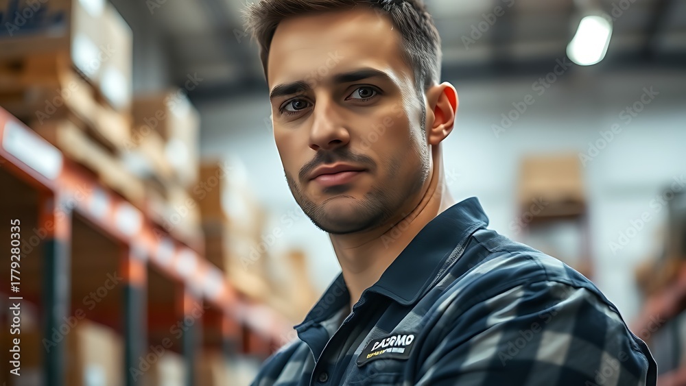 Fototapeta premium bluecollar. Focused warehouse worker in a softly lit industrial environment with blurred storage shelves. safety posters.