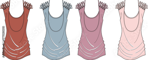 Swimsuits in pastel colors with frills and wavy patterns. Modern fashion swimwear vector set