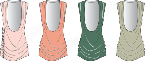 Vector illustration set of elegant women's cowl neck sleeveless tops, presented in four different colorways for fashion design templates