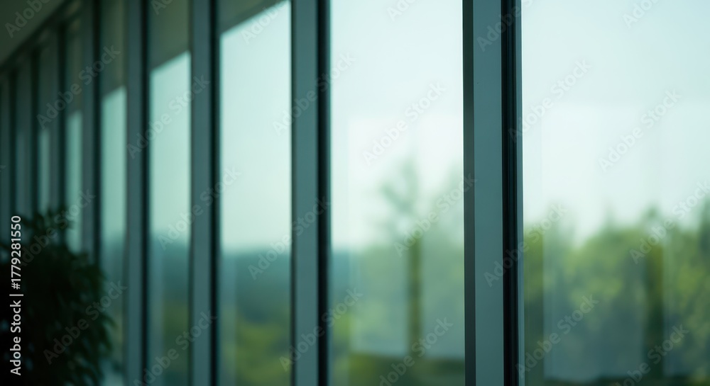 Naklejka premium Modern office building interior with large windows overlooking green trees