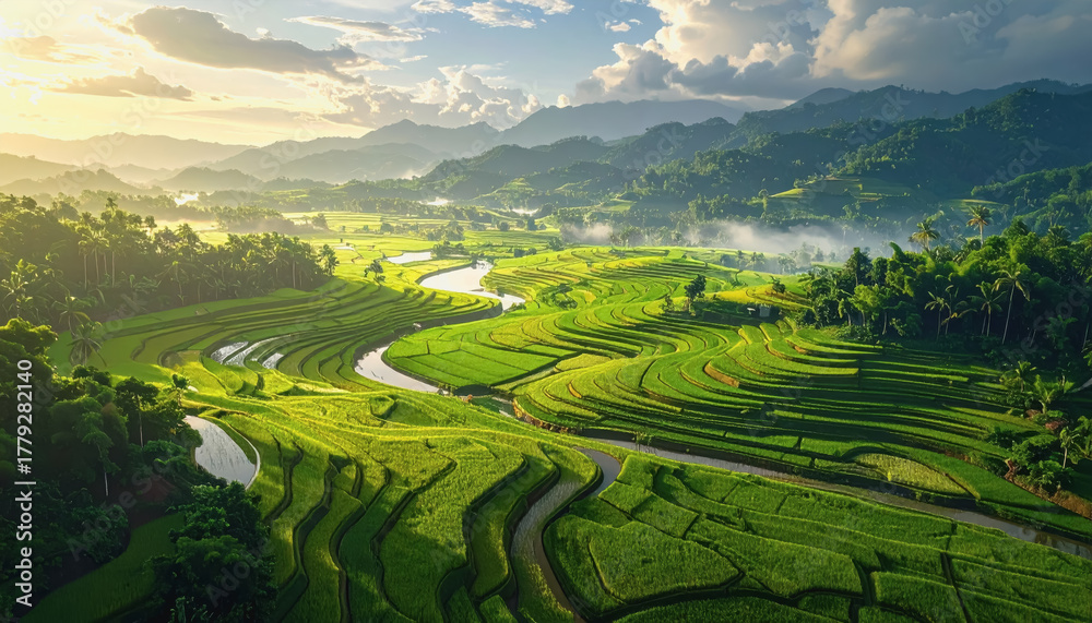 Fototapeta premium Stunning aerial view of beautiful landscape featuring rice fields with natural patterns and open sky for text area