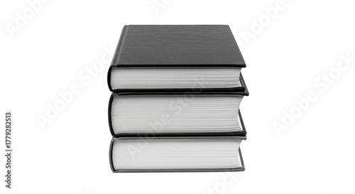 A stack of three hardcover books with black covers and white pages, isolated on a transparent background, representing knowledge and education