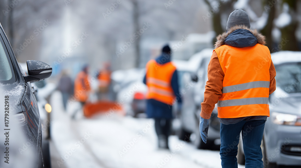 Naklejka premium Faceless municipal workers' backs clearing first seasonal snowfall defocused street scene with parked cars snow removal crew in action winter maintenance team cold weather city