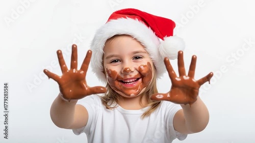Portrait of a happy child, who plays with chocolate and shows his dirty hands
