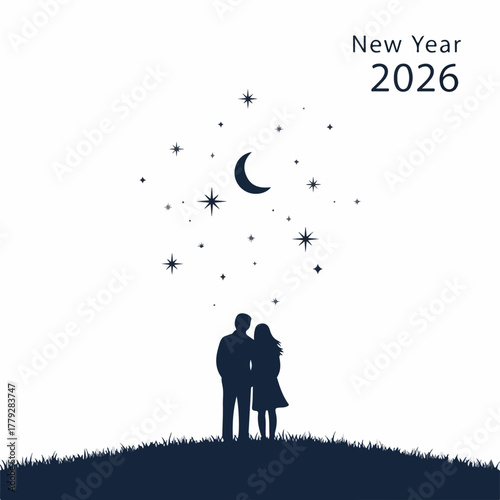 New Year 2026 celebration concept with couple gazing at stars in night sky, thinking of the year ahead. New Year 2026 promises love and romance.