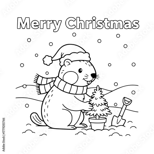 Woodchuck planting evergreen sapling with “Merry Christmas,” coloring book page for toddlers Generative AI