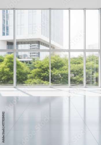 Modern office interior with large windows overlooking green trees