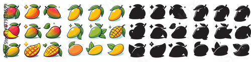 Set of vector and shilhouttes mango fruit images on white background