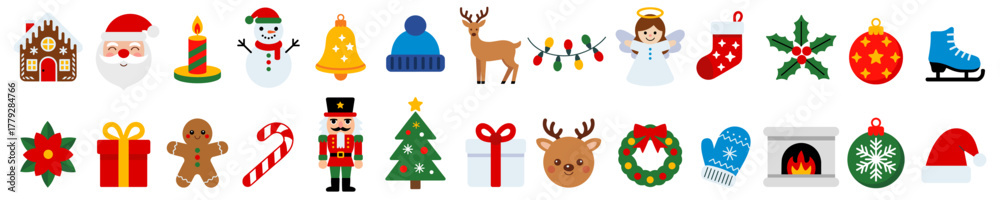 Fototapeta premium Holiday cheer set of 24 colorful vector Christmas icons with Santa Claus, snowman, reindeer, nutcracker, gifts, holiday decorations, winter mittens, fireplace and more